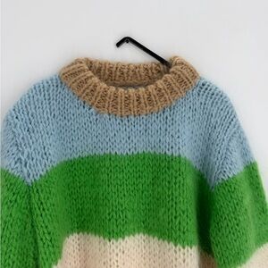 Ganni Striped Julliard Mohair Wool Knitted Balloon Sleeve Sweater Color Blocked